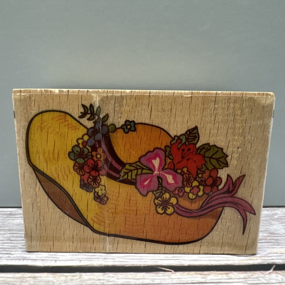 Wood Mounted Rubber Stamp Women's Hat With Flowers